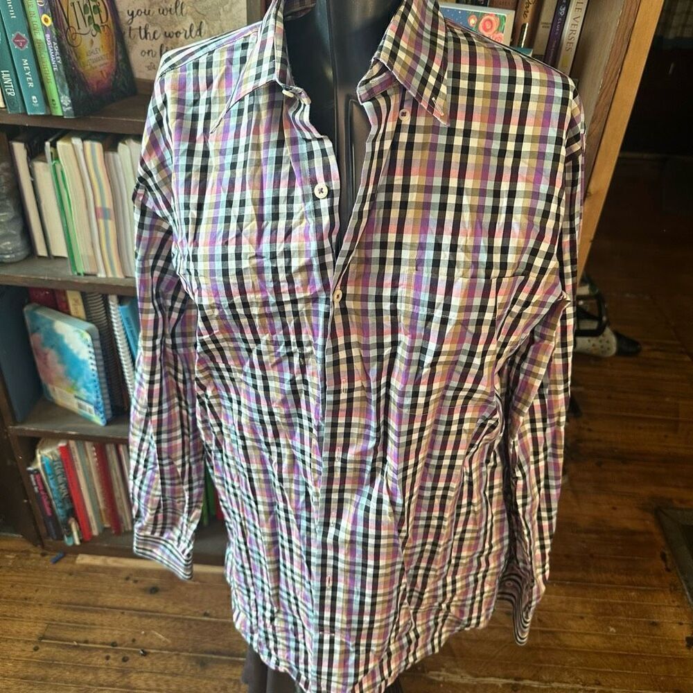 Peter Millar purple & black plaid tartan button down L shirt